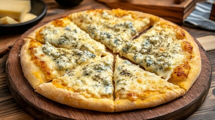 A four-cheese pizza with a mix of mozzarella, cheddar, blue cheese, and parmesan, with each slice covered in a golden layer of melted cheese.