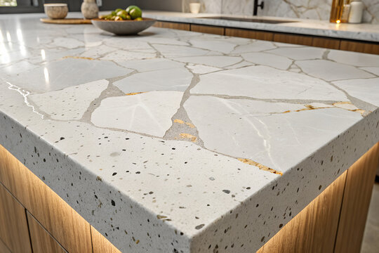 Modern kitchen island with a luxury composite counter top featuring a white marble pattern, golden veins, and a detailed terrazzo edge with LED lighting generative ai