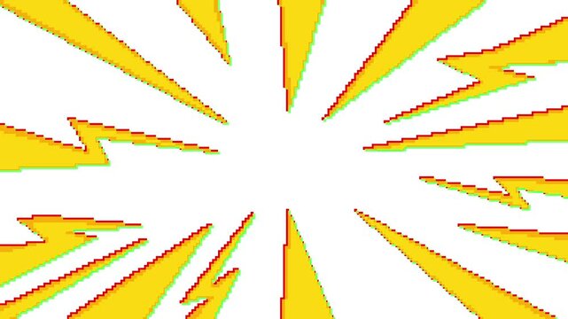 Abstract pixel art yellow ray beams and flash lightening on white background. Manga Sunburst Energy Time Speed Rays Animation. Anime superhero background speed of stripes in pixelated style