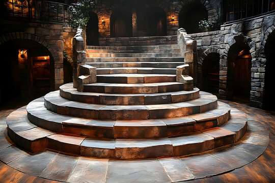 Grand stone staircase with warm lighting in a rustic, medieval style - Powered by Adobe