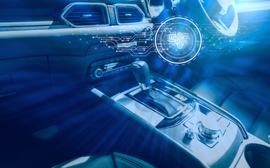 Modern car interior. Autonomous driving technology with AI brain control system and driverless vehicle concept. Smart automotive transportation innovation. Autonomous vehicle and smart transportation.