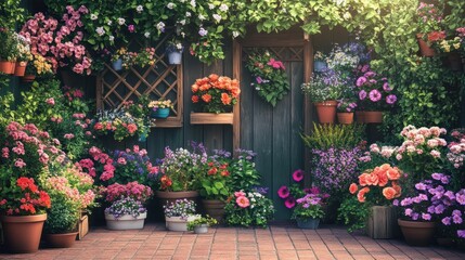 Fototapeta premium Small urban garden decorated with potted flowers, wall planters, and trellis vines