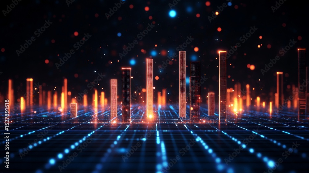 Poster A futuristic D bar graph with digital effects, showing bars rising from a glowing grid, set against a dark starry background for a high-tech and innovative look.