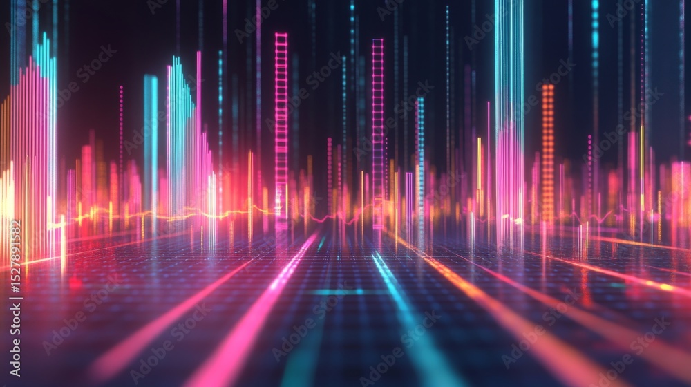 Aufkleber a futuristic d graph with glowing neon bars and lines, floating above a digital grid background