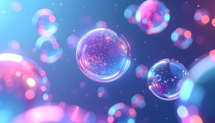 Glowing soap bubbles floating in neon light with glitter particles