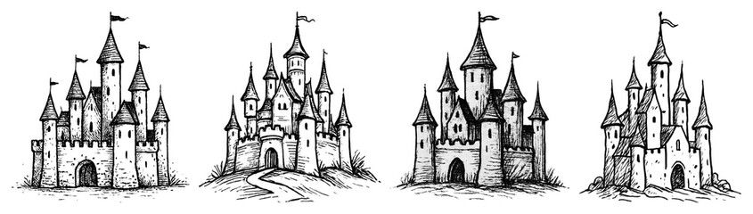 PNG Medieval castles in silhouette, element set on transparent background
