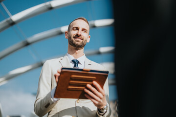 A poised person confidently standing outdoors on a sunny day, presenting information using a...