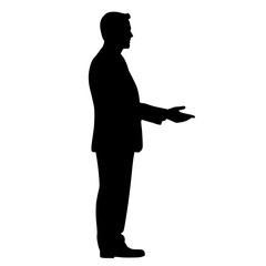 a black and white silhouette of a businessman in a suit standing with his arms outstretched arm, black, businessman, hand, man, palm, silhouette, stand, suit, talk , Generative art.