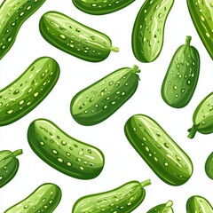 Green cucumber seamless pattern on white background. Cucumber wallpaper, pickle seamless motif. Cucumber motif background