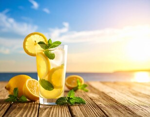Kieliszek lemoniady z cytryną i miętą na tle nieba