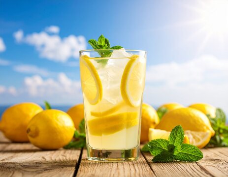 Kieliszek lemoniady z cytryną i miętą na tle nieba