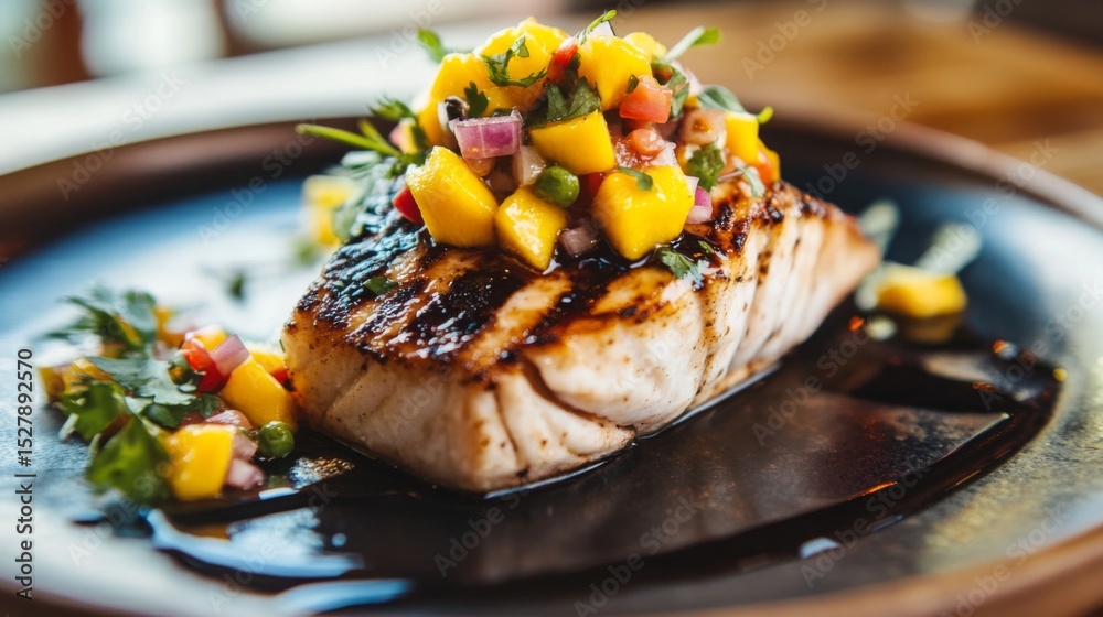 Poster a gourmet fish steak topped with mango salsa, served on a stylish plate with a drizzle of balsamic r