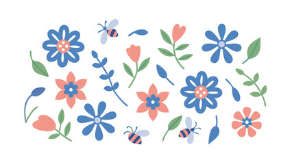 Illustration of flowers with blue and pink petals, green leaves and bees flying around on a white background
