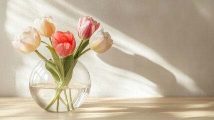 Transparent vase with water and assorted tulips in pastel tones on a light wooden table