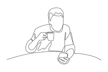 Continuous one line drawing of man enjoying food court food. Food corner minimalist concept. Food and drink.