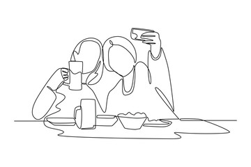 Continuous one line drawing of people buy and selfie food court food. Food corner minimalist concept. Food and drink.