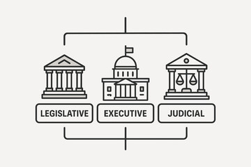Branches of government diagram. Legislative, executive, judicial icons. Separation of powers concept. Checks and balances. Political system structure. Civics infographic.