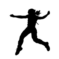 a black silhouette of a young woman jumping in the air black, child, dance, girl, jump, play, silhouette, woman, young , Generative art.