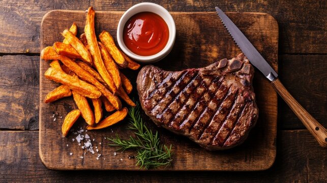 A grilled steak served with a side of sweet potato fries and a dipping sauce, presented on a rustic wooden table with contrasting textures and warm colors.