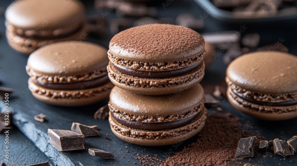 Poster a group of chocolate macarons with a glossy finish, stacked on a dark slate surface, surrounded by c