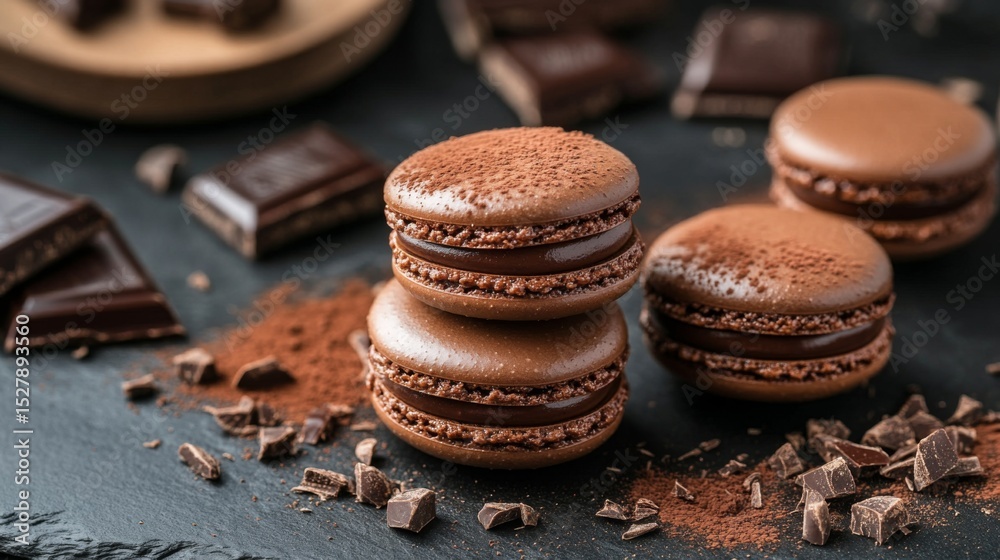 Poster a group of chocolate macarons with a glossy finish, stacked on a dark slate surface, surrounded by c