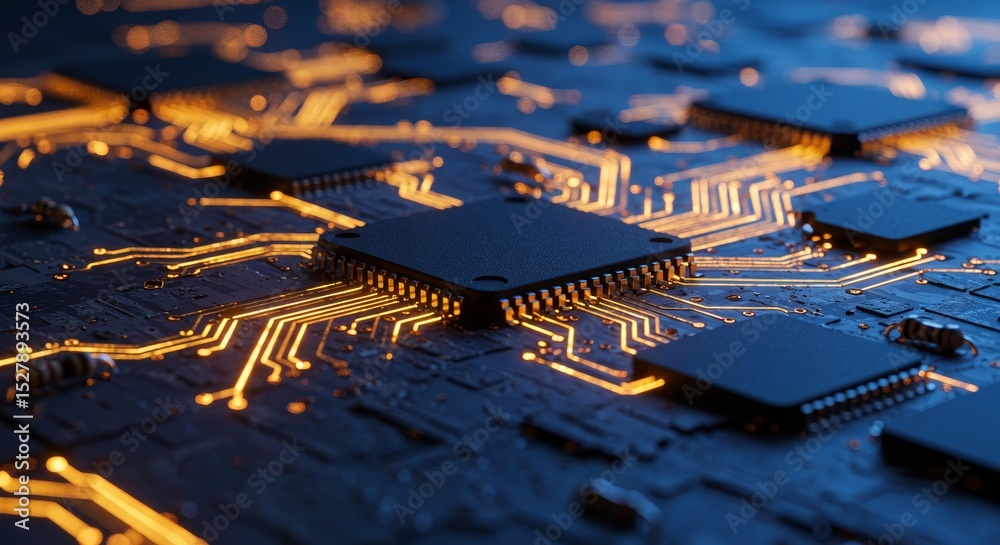 Poster advanced microchip technology - close-up view of a complex microchip circuit board with glowing oran