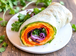 Vibrant Vegan Wrap Delight: A captivating image showcasing a colorful, plant-based wrap, beautifully layered with fresh vegetables, meticulously arranged on a pristine plate.