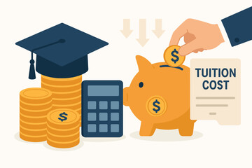 Education savings plan concept. Hand putting dollar coin in piggy bank for college tuition cost. Financial planning for university, investment in future with graduation cap and money.