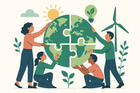 People collaborating to build a green future, assembling an Earth globe puzzle. Concept of teamwork, sustainability, renewable energy, global community, and climate action.