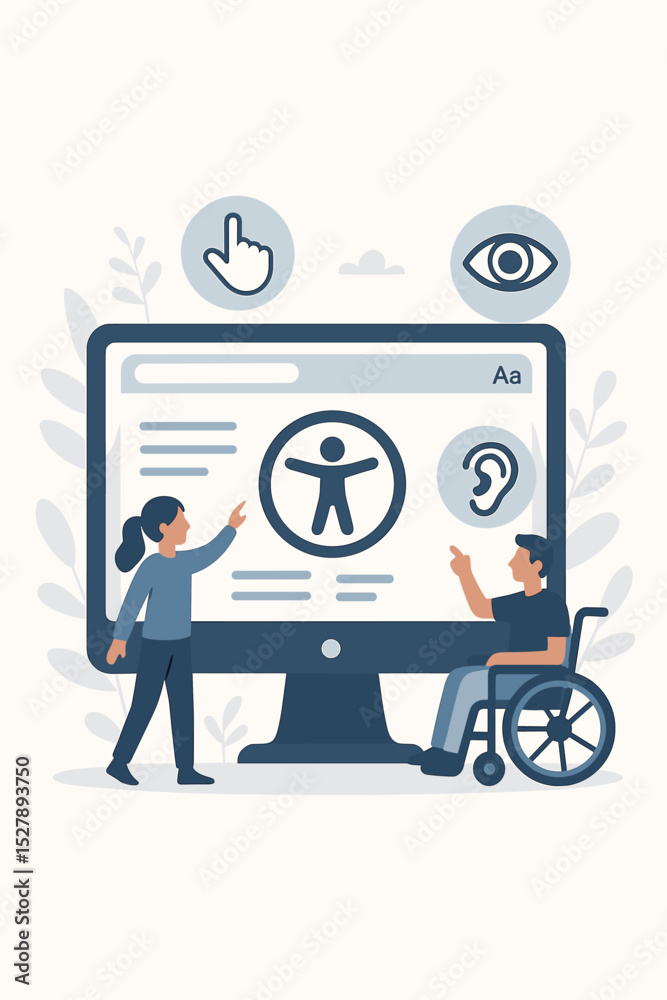 Poster web accessibility concept. inclusive website design for people with disabilities. man in wheelchair 