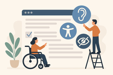 Web accessibility concept. Inclusive user interface design for people with disabilities. Woman in wheelchair testing website. UI with icons for visual, hearing and physical impairment.