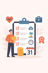 Workplace benefits and perks illustration. Employee satisfaction with compensation package. Health insurance, paid time off, financial bonus, career growth and work-life balance.