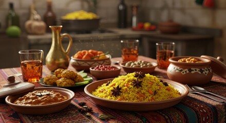 Obraz premium Aromatic Rice and Spice Culinary Delights - Vibrant kitchen scene showcasing traditional rice dishes, spices, and culinary artistry. Symbolizes warmth, hospitality, family, tradition, and abundance