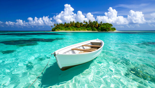 Serene Tropical Island Scene White Rowboat in Crystal Clear Turquoise Water