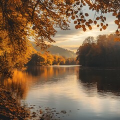 Calm lake surrounded by sparse trees reflecting the clear blue sky and peaceful atmosphere