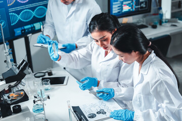 Three young scientists closely examine a petri dish with bacterial cultures in a modern laboratory....