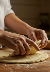 Artisan Baker Kneading Dough - Close-up of hands expertly folding and shaping pizza dough, showcasing the texture and process of artisan bread making