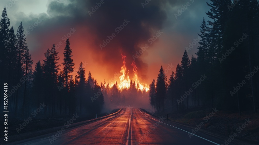 Poster a haunting view of a forest road lined with smoke from a nearby wildfire, with trees silhouetted aga