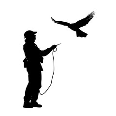 a black and white silhouette of a man holding a bird bird, black, fly, hold, man, person, silhouette , Generative art.