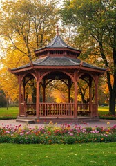 Fototapeta premium Autumn Gazebo in Park - A wooden gazebo sits in a park surrounded by colorful autumn foliage and flowerbeds