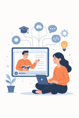Online education and remote learning concept. Woman watching webinar on laptop. E-learning platform with virtual teacher for skill development, online courses, and training.