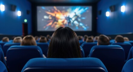 Audience watching an action movie on a large screen in a modern cinema theater