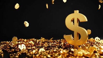 Golden currency signs falling onto pile of money symbols on a black background, financial success and wealth accumulation - Powered by Adobe