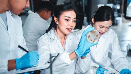 Three young scientists closely examine a petri dish with bacterial cultures in a modern laboratory....