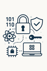 Quantum data security and cybersecurity concept. Vector line art illustration with quantum computing icons like padlock, shield, key, chip, atom, and binary code for protection.