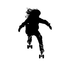 a black and white silhouette of a young child riding a skateboard black, child, girl, jump, kid, ride, silhouette, skateboard, skateboarder, young , Generative art.
