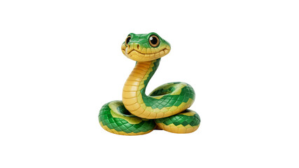 A coiled green and yellow snake figurine  on transparent background