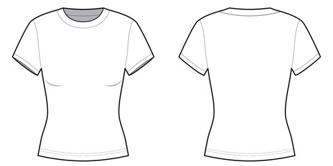 Slim Fit Round Neck T-shirt Short Sleeve - Front and Back View-Technical Illustration-Vector/ Cad Illustration 