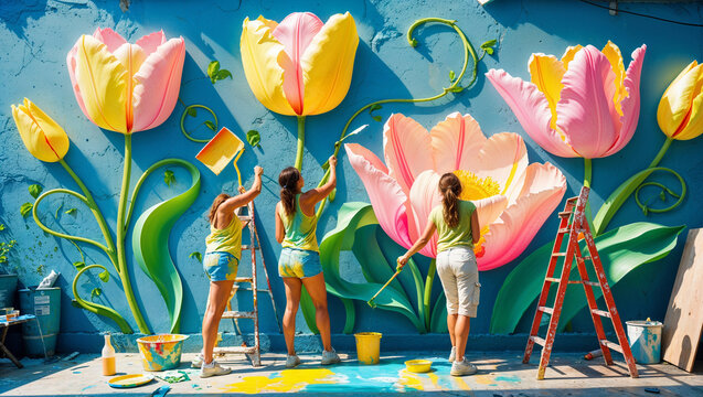 Three women painting large tulip mural on a bright blue wall outdoors