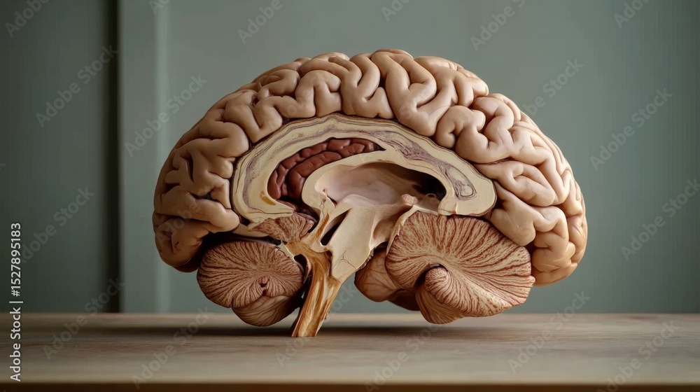 Poster a high-resolution image of a human brain dissected to reveal its internal structures, including the 